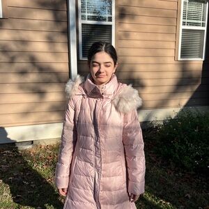 Kate Spade Light Pink Puffer Coat with Faux Fur Hood